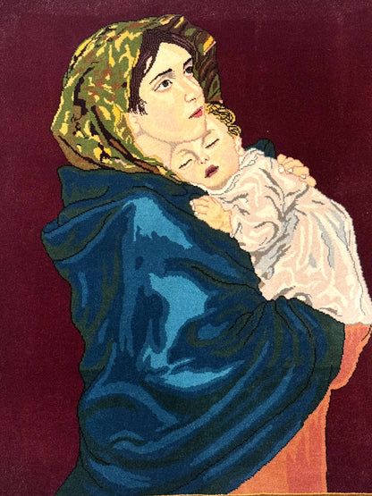 Small Persian Tabriz Pictorial Rug 2x2, Mother Holding Child, Very Fine 340 KPSI, Maroon