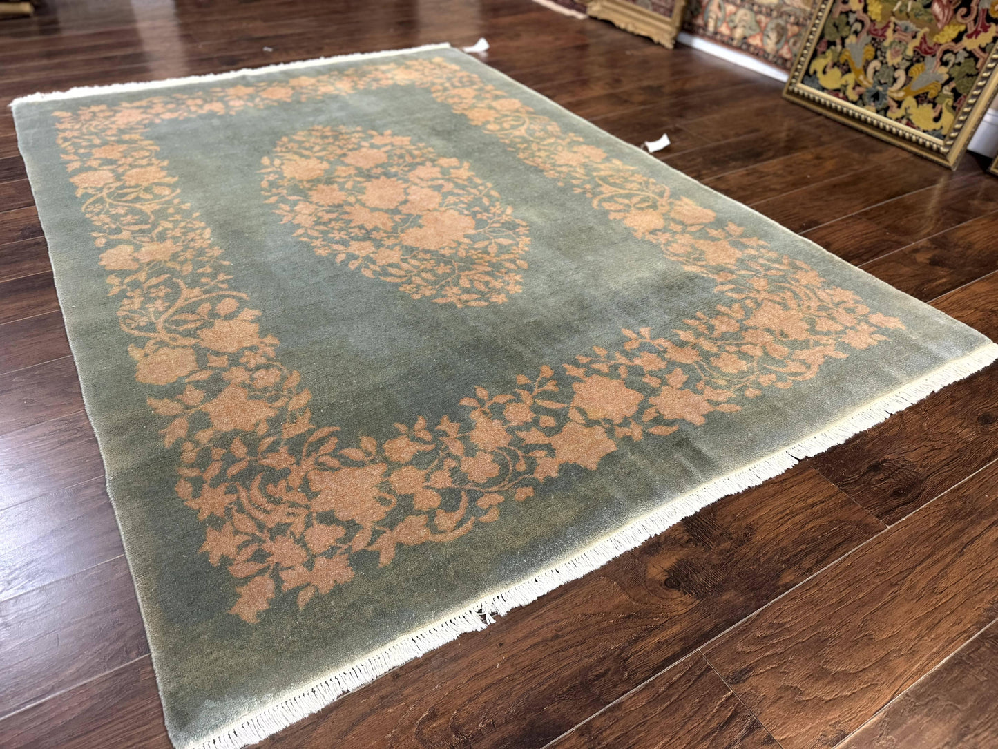 Teal Chinese Wool Rug 6x8, Vintage Handmade Carpet, Floral, Semi Open Field