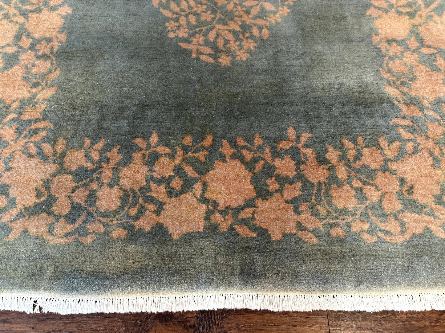 Teal Chinese Wool Rug 6x8, Vintage Handmade Carpet, Floral, Semi Open Field