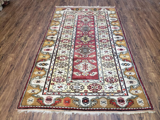 Turkish Caucasian Rug 4x7 Hand Knotted Wool Vintage Area Rug Cream Burnt Orange Carmine Red