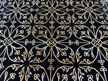 Tibetan Rug 8x10 Wool Silk Handmade With Raised Pattern Black And Gold Floral