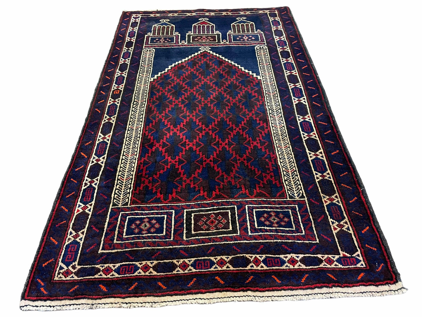 Balouchi Prayer Rug 3x5 Vintage Handmade Tribal Wool Afghan Rug Red Blue