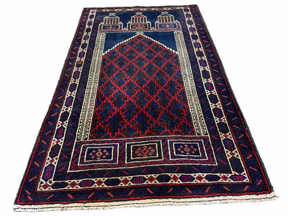 Balouchi Prayer Rug 3x5 Vintage Handmade Tribal Wool Afghan Rug Red Blue