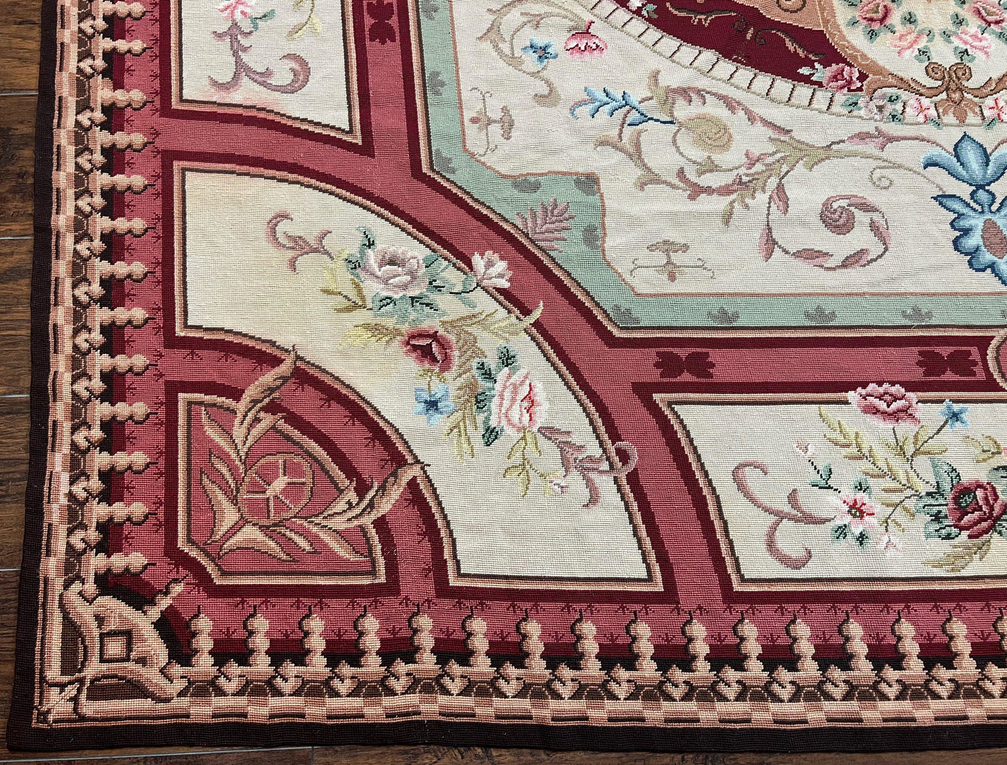 Needlepoint Rug 7.9 x 9, Beige Maroon Rose, Handmade Handwoven Flatweave Aubusson Savonnerie French European Elegant Carpet, Wool Rug