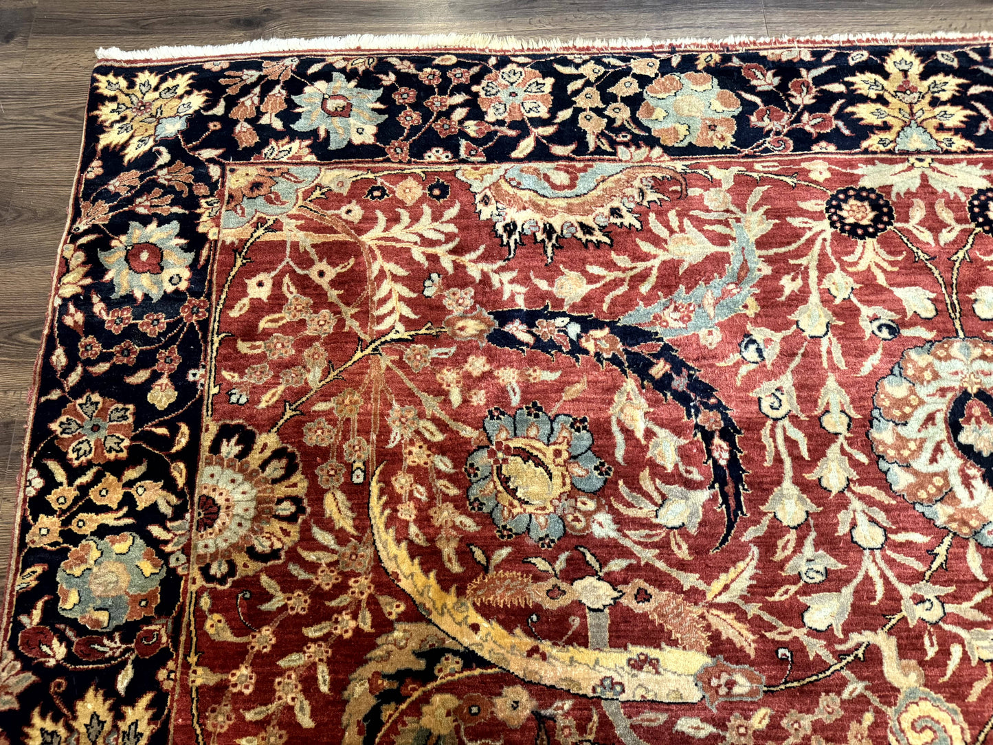 Indian Agra Rug 9x11, Terracotta and Navy Blue, Sickle Leaf Rug