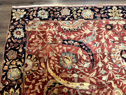 Indian Agra Rug 9x11, Terracotta and Navy Blue, Sickle Leaf Rug