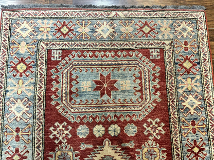 Turkish Kazak Rug Handmade Vintage Wool Carpet Geometric Design Red And Light Blue