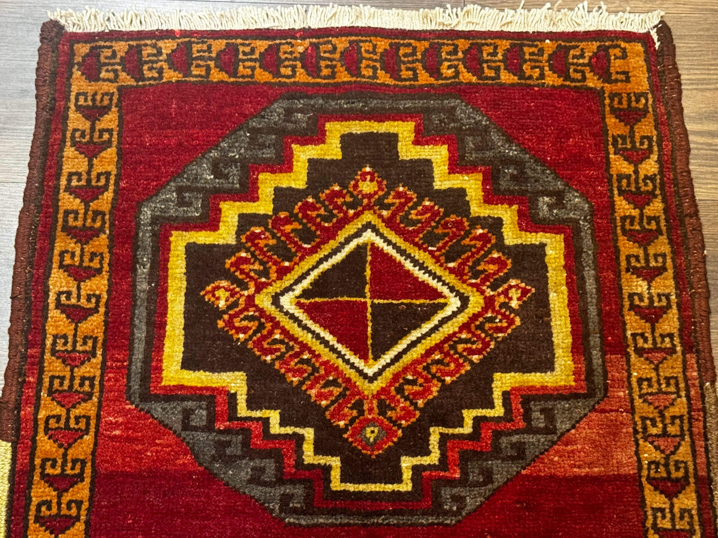 Turkish Yastik Rug 2x3 Antique Red Wool With Double Medallions Geometric Design