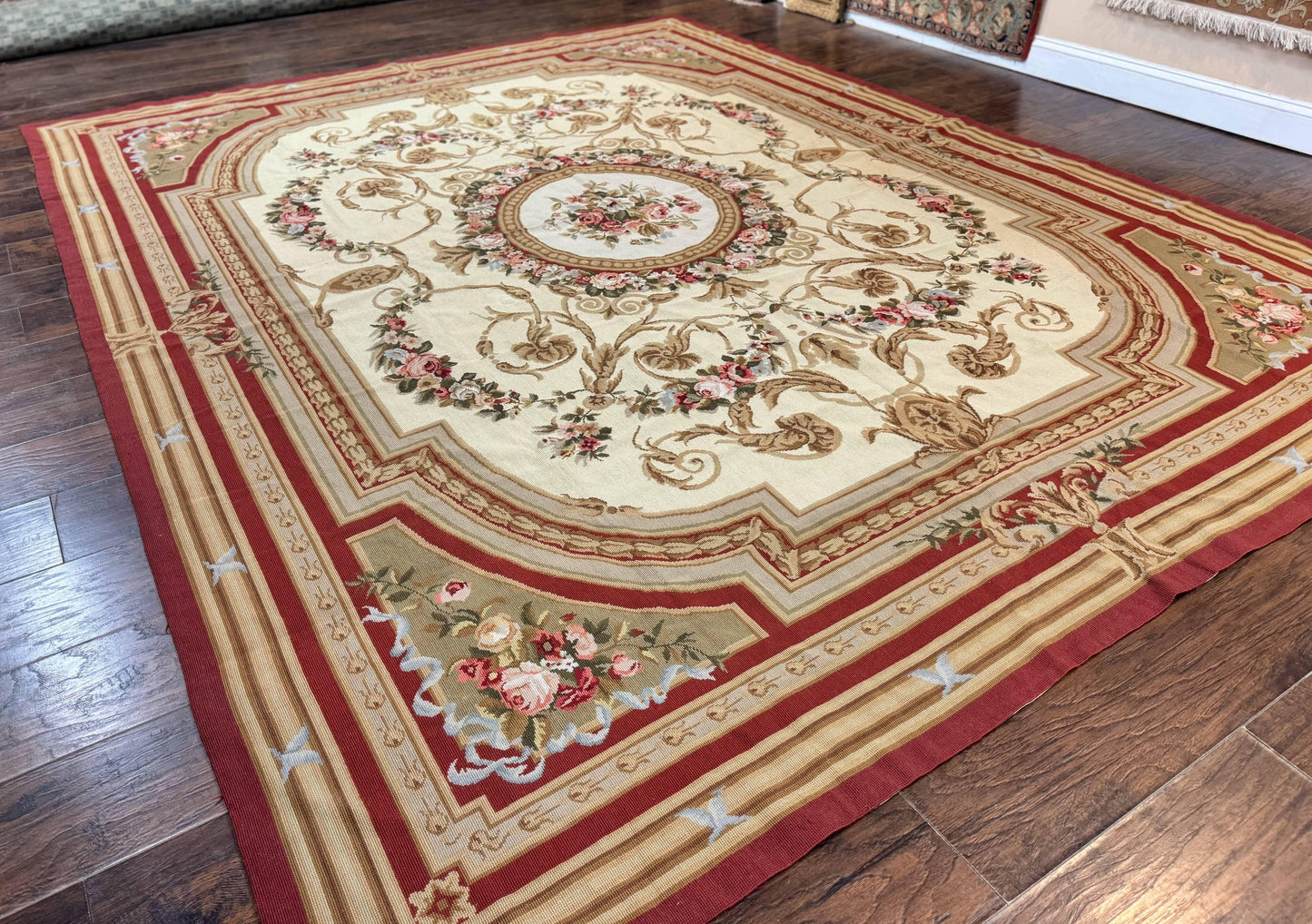 Elegant Aubusson Needlepoint Rug 9x11 Handmade Wool Flatweave Floral Cream