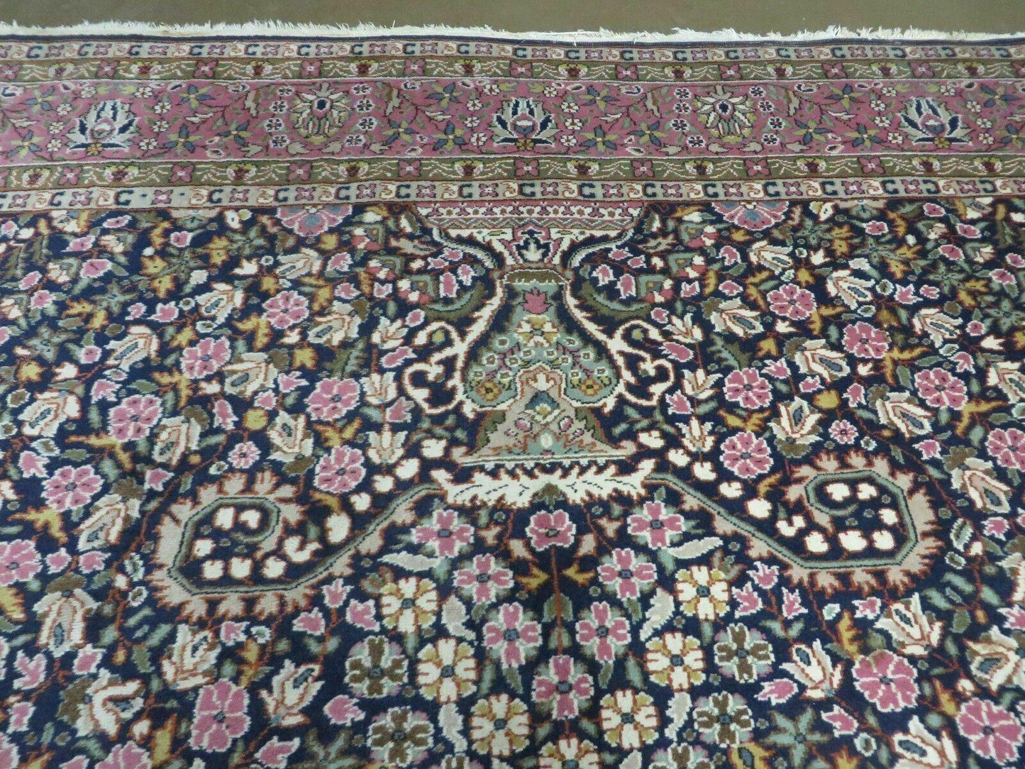 Turkish Sivas Rug 7x11, Navy Blue & Pink, Millifluer Floral Wool Carpet, Vintage
