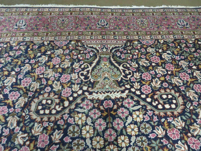 Turkish Sivas Rug 7x11, Navy Blue & Pink, Millifluer Floral Wool Carpet, Vintage