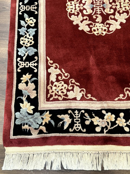 Chinese Wool Rug Handmade 4x6 Dark Red 90 Line Carving Hand Knotted