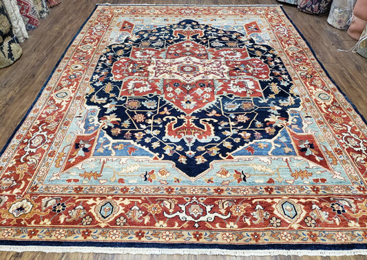 Safavieh Samarkand Heriz Rug 8x9 ft, Colorful Serapi Room Sized Hand-Knotted Wool Carpet, Tribal Rug, Vintage Oriental Rug, Navy Blue & Red