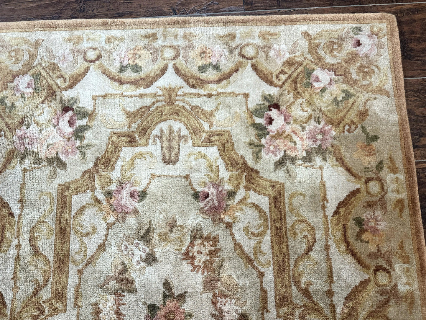 Handmade Chinese Aubusson Rug 3.6 x 5 Beige and Gold Vintage European Design