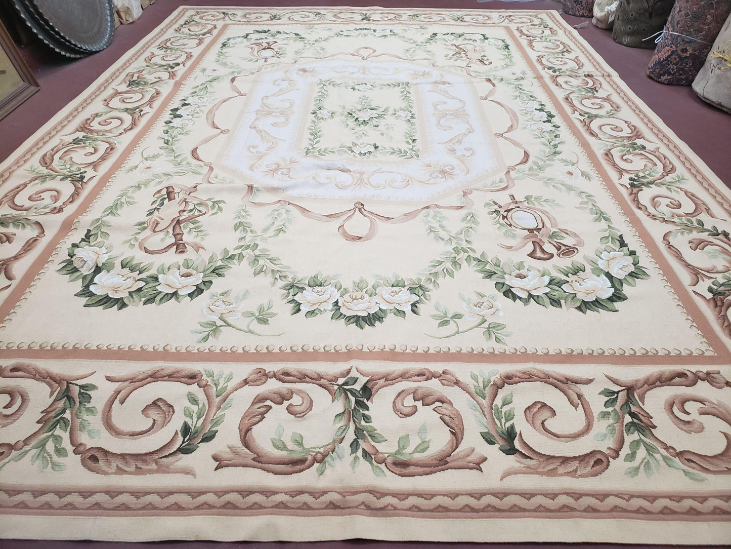 Elegant Aubusson Rug 10 x 14, Cream and Ivory Simple Aubusson Floral Carpet, Hand-Woven, European, New Aubusson Rug, Wool Area Rug, Violins