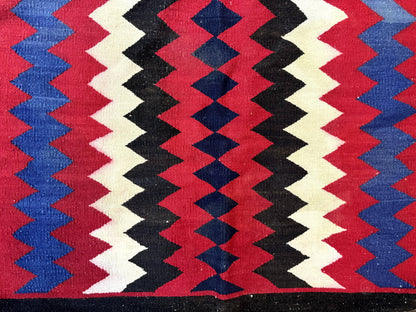 Antique Navajo Rug Handmade Wool Area Rug With Red Ivory Blue Zigzag Pattern