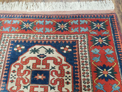 Turkish Kazak Rug 5x6 Vintage Handmade Wool Carpet With Geometric Blue Red Design