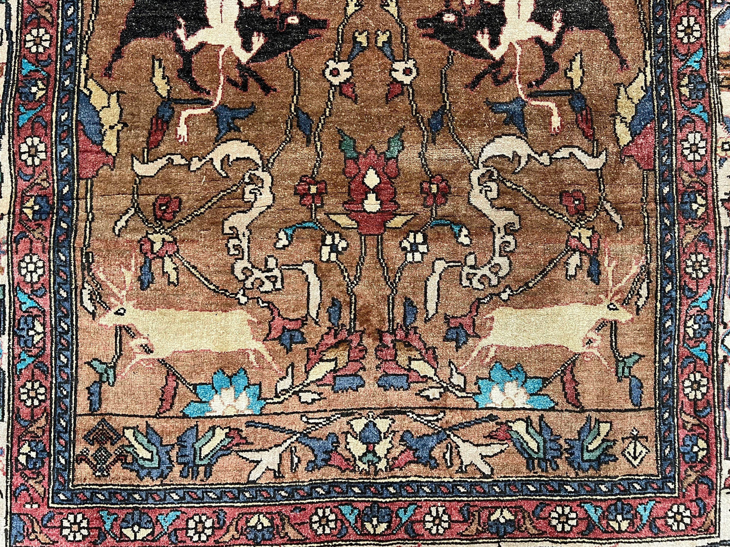 Unique Afghan Silk Rug 4x6, Hunting Pattern Animal Motifs, Light Brown and Cream, Persian Handwritten Poetry, Fine 1940s Oriental Carpet Wow