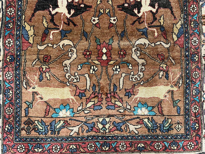 Unique Afghan Silk Rug 4x6, Hunting Pattern Animal Motifs, Light Brown and Cream, Persian Handwritten Poetry, Fine 1940s Oriental Carpet Wow