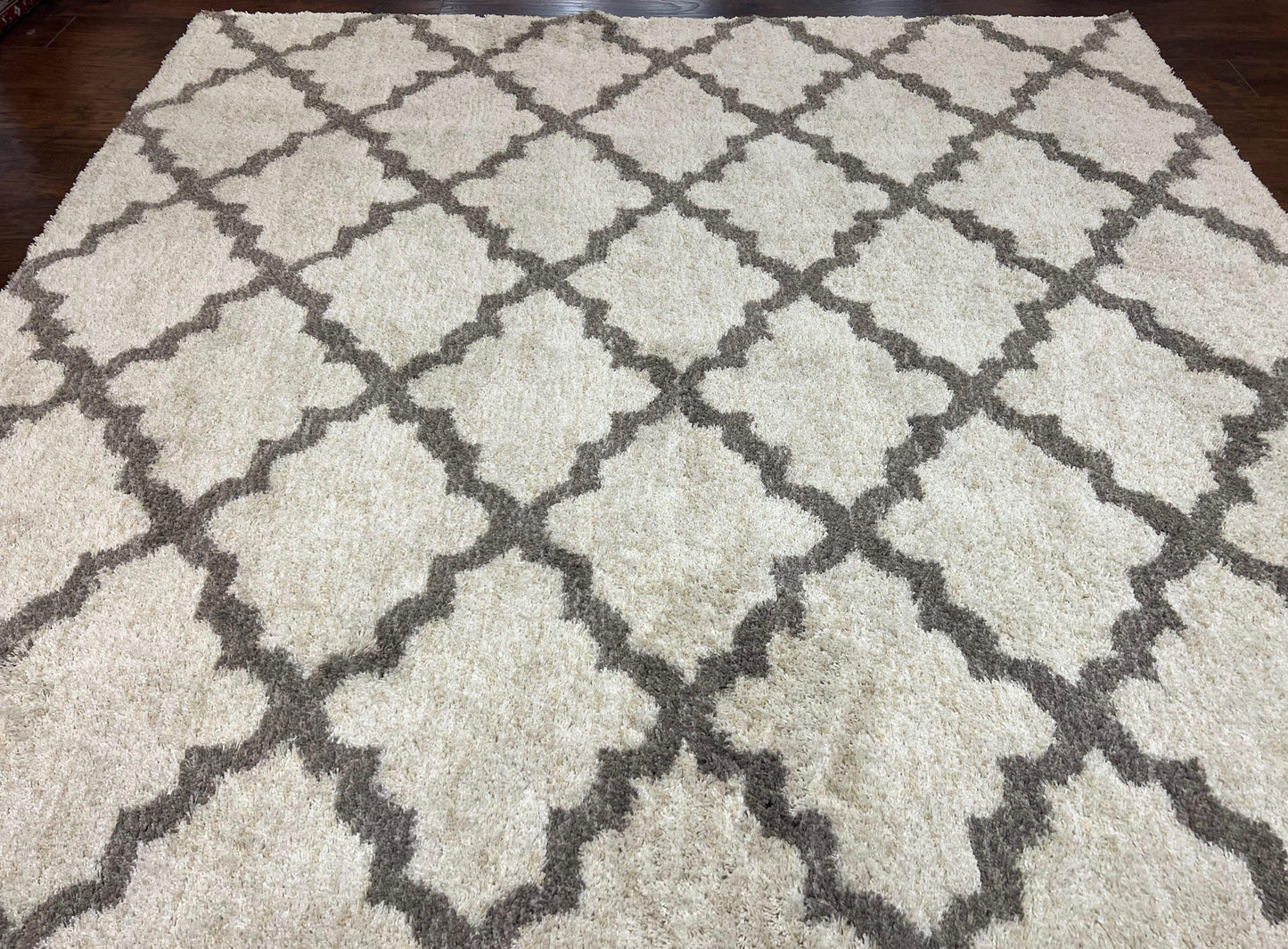Modern Shag Rug Ivory and Gray Diamond Panel Design Room Sized Area Rug