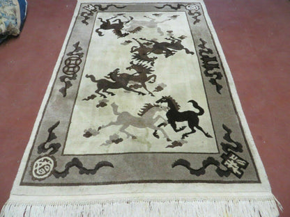 Hand Knotted Wool Rug 4x6 Tibetan Nepal Art Deco Horse Design Vintage 1980s