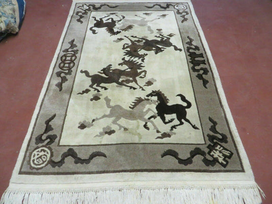 Hand Knotted Wool Rug 4x6 Tibetan Nepal Art Deco Horse Design Vintage 1980s