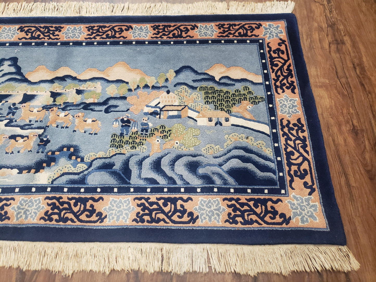 Chinese Pictorial Rug Hand Knotted Wool Vintage 28x55 Inches Teal And Blue Carpet Wall Tapestry
