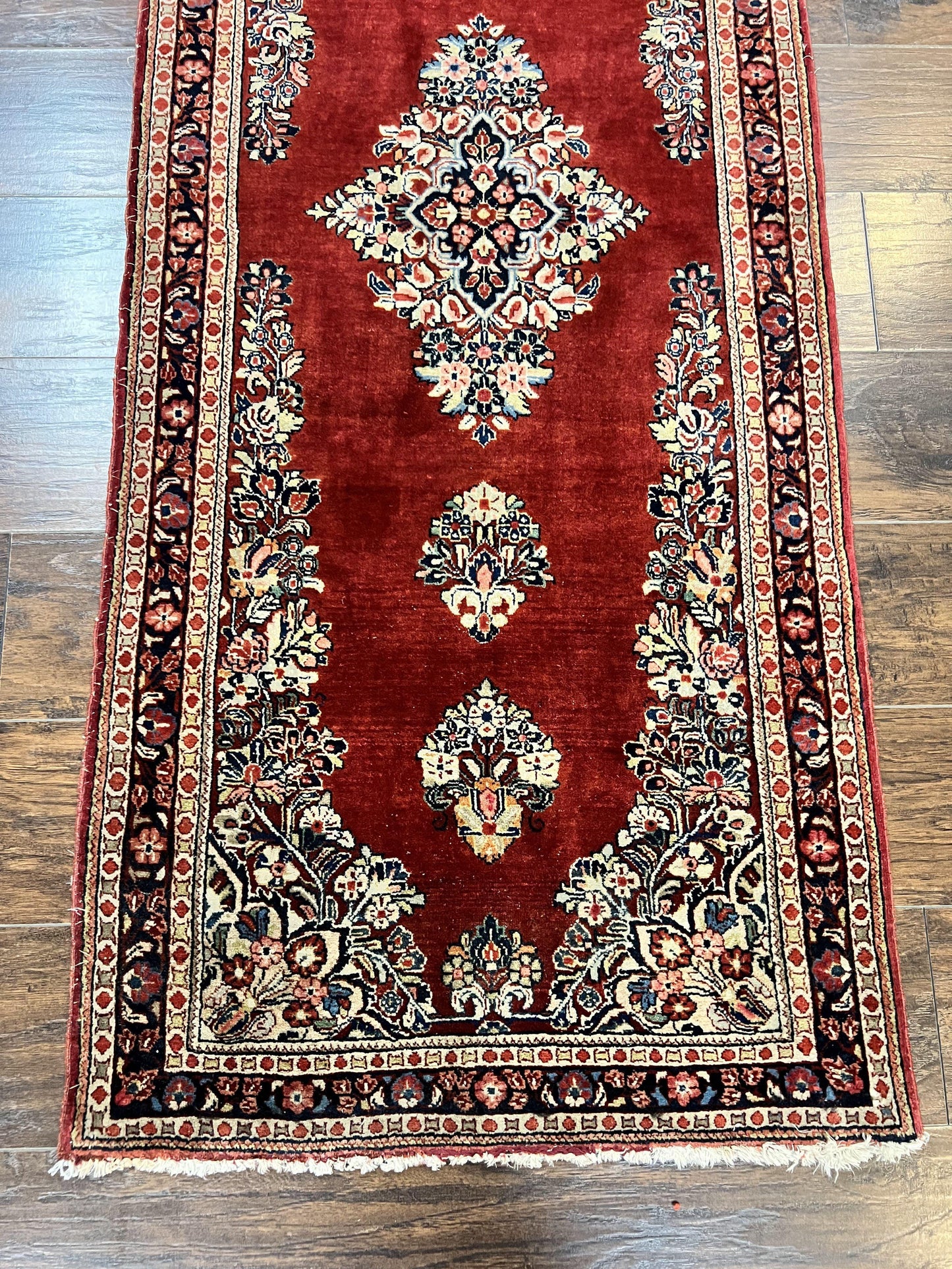Persian Sarouk Runner Rug 2.7 x 6, Semi Open Field, Red, Handmade Hand Knotted, Wool Oriental Carpet, Vintage Semi Antique