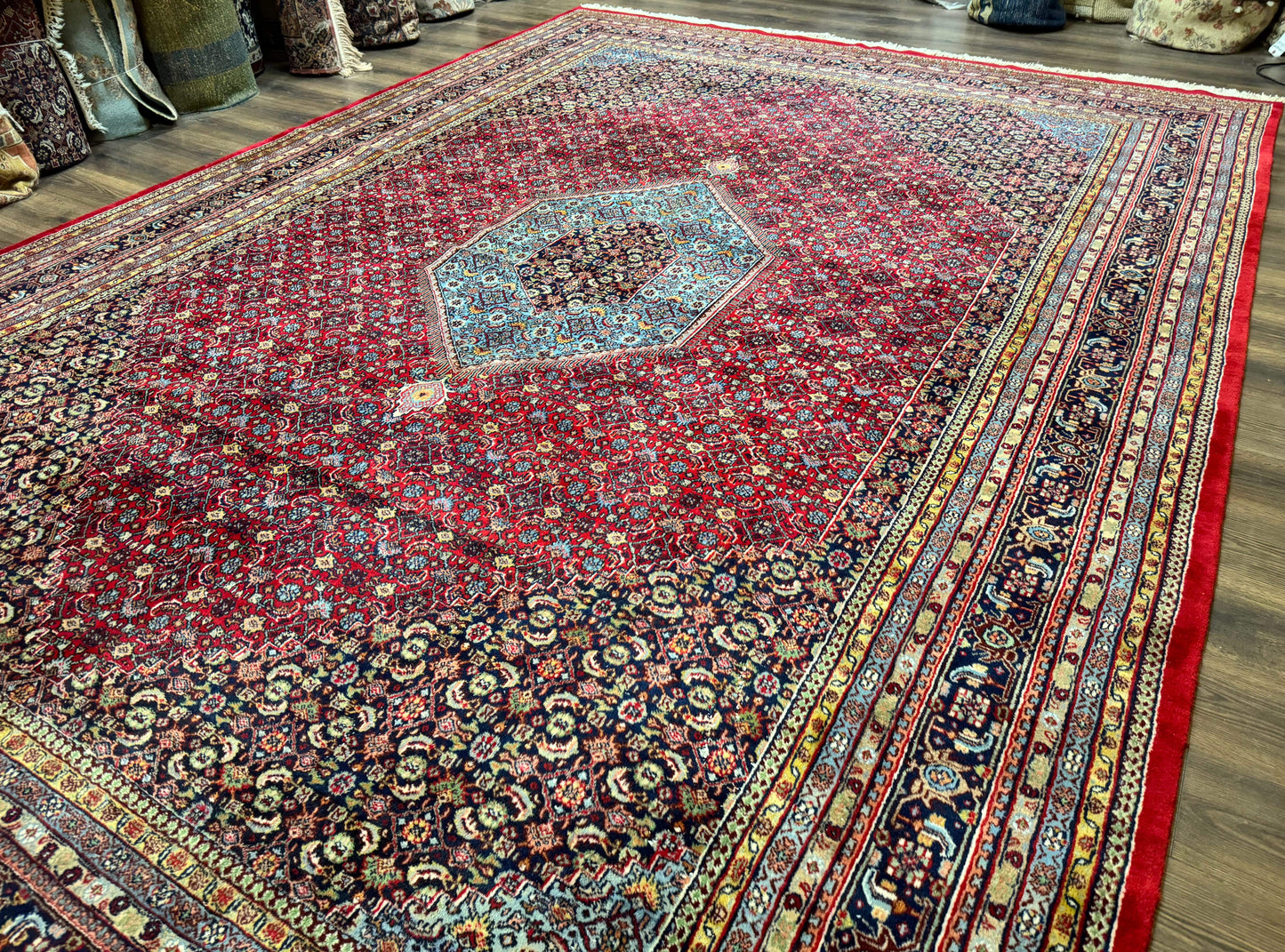 Indo Persian Bidjar Rug 10x14 Red And Dark Blue Herati Mahi Pattern Vintage