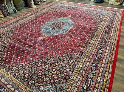 Indo Persian Bidjar Rug 10x14 Red And Dark Blue Herati Mahi Pattern Vintage