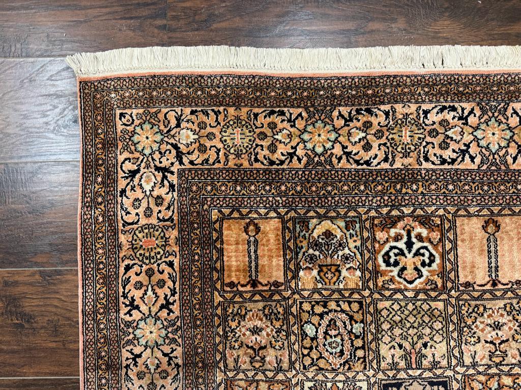 Indian Kashmiri Silk Rug 4x6, Panel Design, Multicolor, Fine