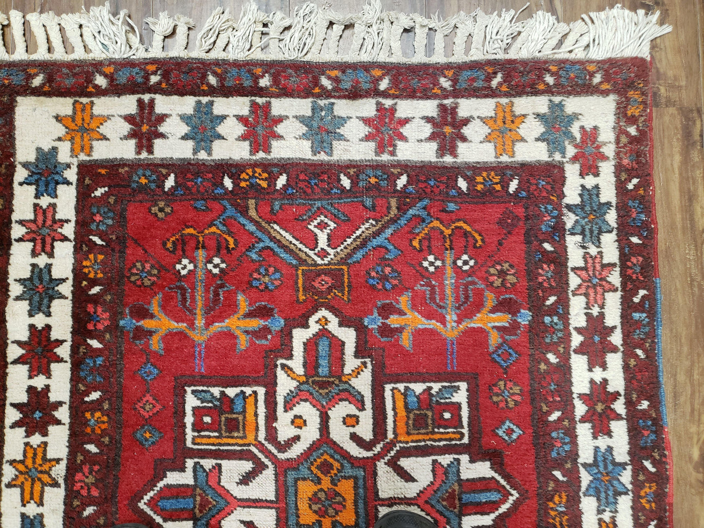 Antique Persian Heriz Karajeh Runner Rug, Red, Hand-Knotted, Wool, 3' 3" x 10' 11"