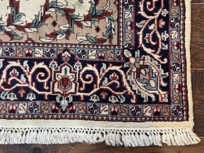 Kashmiri Rug 4x6 Handmade Wool Ivory Beige Navy Blue Indo Persian Traditional