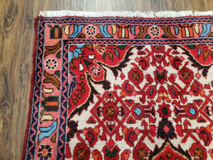 Handmade Floral Wool Rug Turkish Vintage 3 Ft 2 In By 5 Ft 1 In Red Beige Ivory