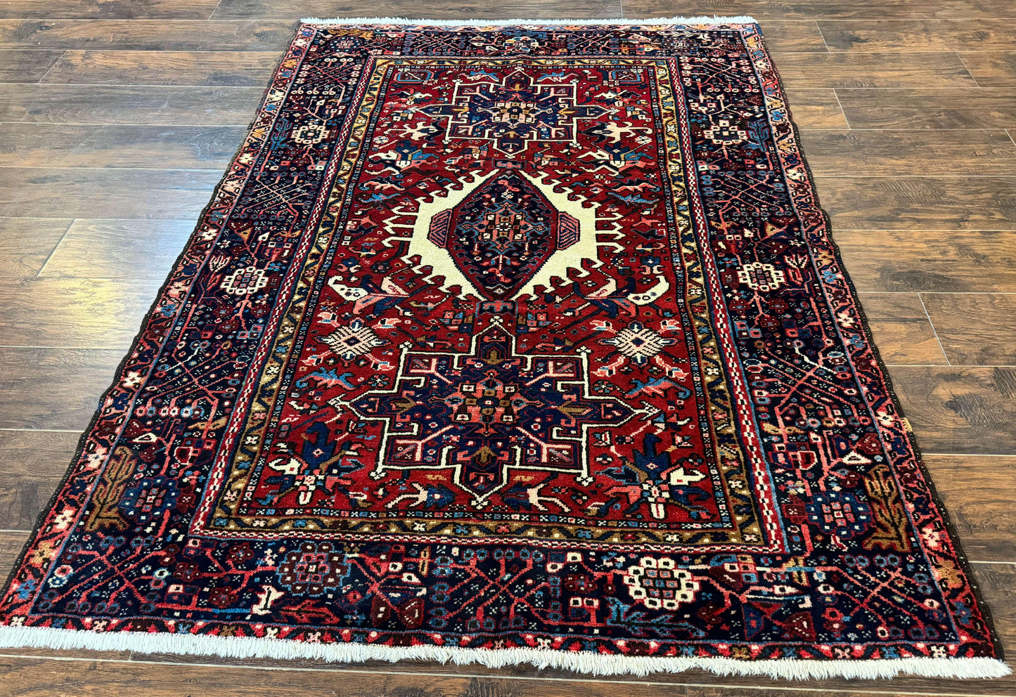 Persian Karajeh Rug 5x6, Antique Heriz Carpet, Geometric, Persian Tribal Rug, Brick Red Navy Blue