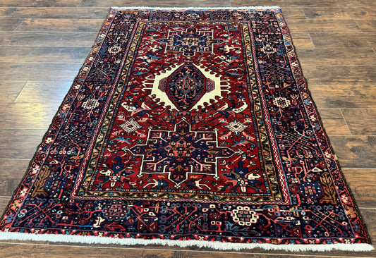 Persian Karajeh Rug 5x6, Antique Heriz Carpet, Geometric, Persian Tribal Rug, Brick Red Navy Blue