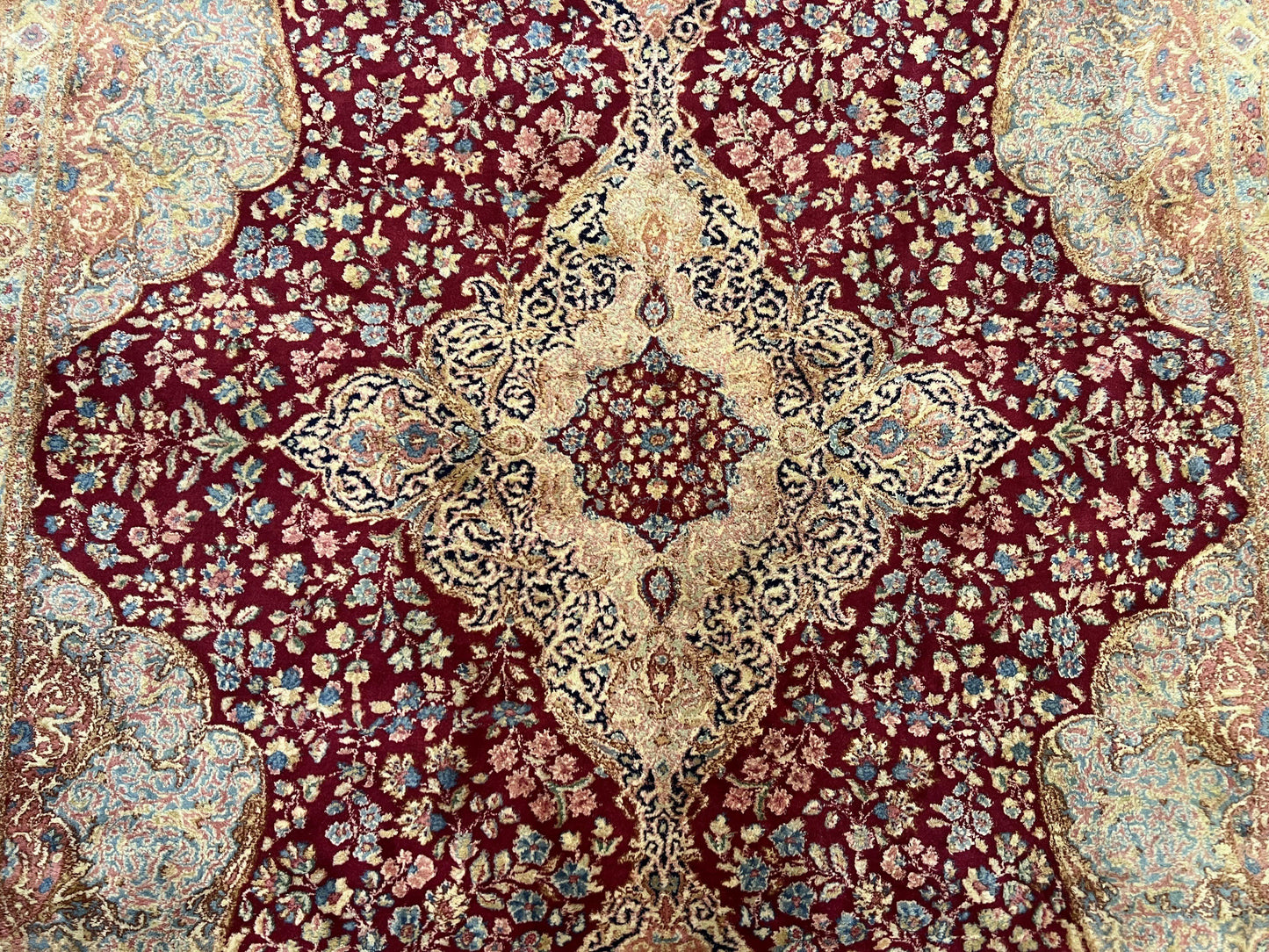 Persian Rug 9x12, Kirman DeLuxe, Millefleur Floral Medallion Carpet, Maroon Light Blue Beige, Semi Antique Authentic Hand Knotted Wool Rug
