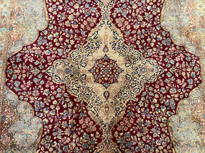 Persian Rug 9x12, Kirman DeLuxe, Millefleur Floral Medallion Carpet, Maroon Light Blue Beige, Semi Antique Authentic Hand Knotted Wool Rug