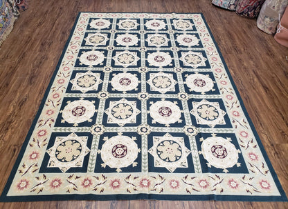 Vintage Chinese Needlepoint Rug 6x9 Handwoven Wool Panel Design Rug Black Ivory