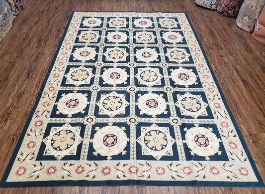 Vintage Chinese Needlepoint Rug 6x9 Handwoven Wool Panel Design Rug Black Ivory