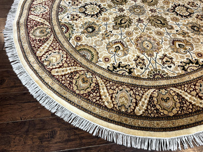 Round Pak Persian Rug 8x8, Vintage Handmade Wool Traditional Carpet, Beige Dark Red, Fine 270 KPSI