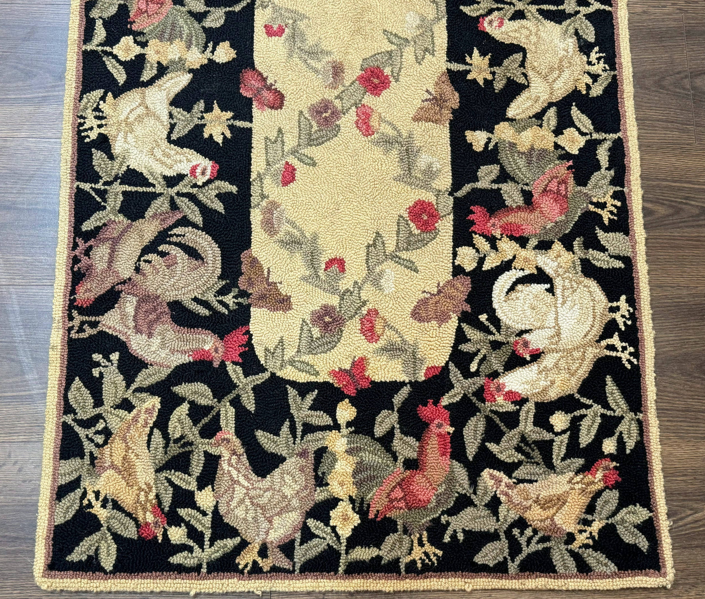 Small Vintage Hooked Rug Roosters Handmade Wool Area Rug Decor Accent
