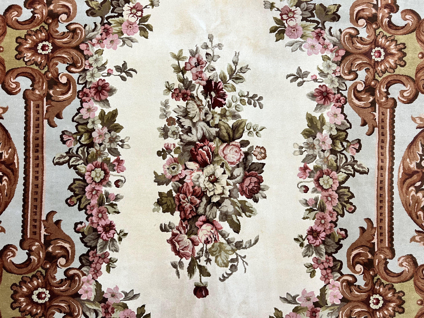 Aubusson Rug 10x13, Cream and Light Mint Green Hand Knotted Handmade French Savonnerie European Carpet, Wool Pile, Large Room Sized Vintage