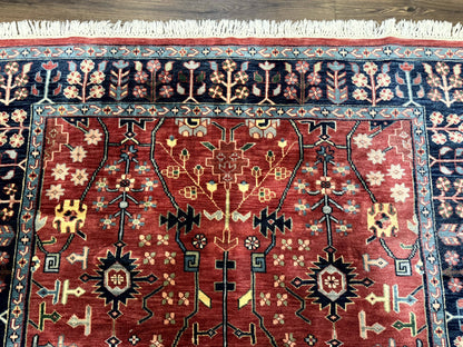 Indo Persian Heriz Serapi Rug 6x8 Handmade Wool Allover Pattern In Rust Red And Navy Blue