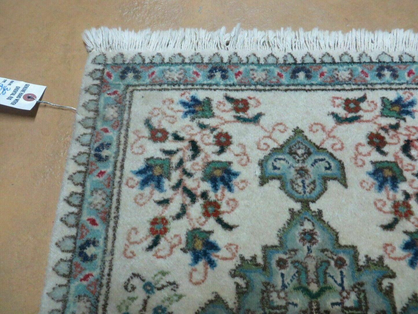 1' 9" X 2' 5" Handmade Indian Wool Rug Lahore Floral Design Small Oriental Rug Beige & Teal