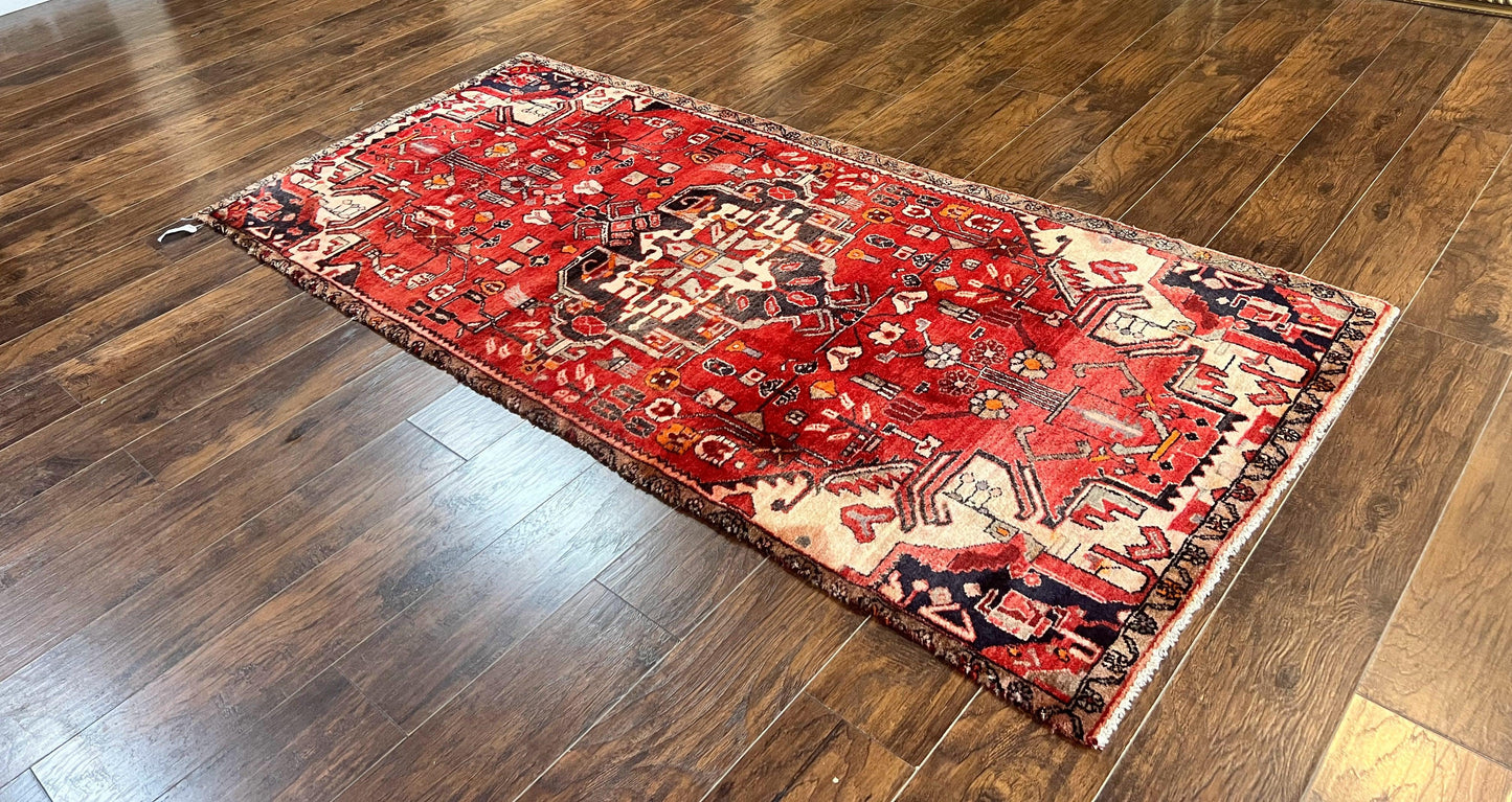 Antique Persian Tribal Rug 4 x 8, Geometric Medallion, Boho Rug, Wool Handmade Rug, Red 4x8 Rug, Persian Hamadan Rug