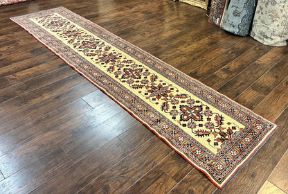 Afghan Heriz Runner Rug 2.9 x 12, Vintage Hand Knotted Persian Carpet for Hallway, 12ft Runner, Wool, Cream