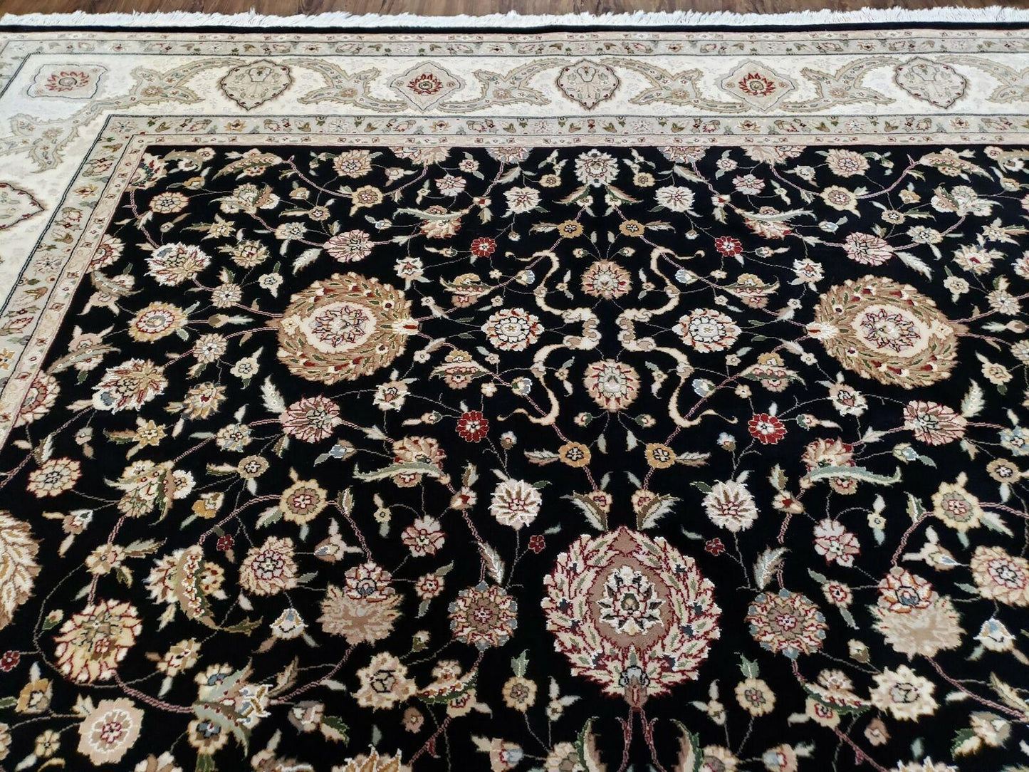 Vintage Wool Rug Oriental Floral Silk Highlights Black Handmade 8 Ft 5 In By 11 Ft 6 In