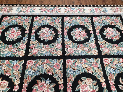 Floral Needlepoint Rug 9.5 x 13.6, Floral Panel Design, Black and Ivory Flatweave Aubusson Carpet, Multicolor