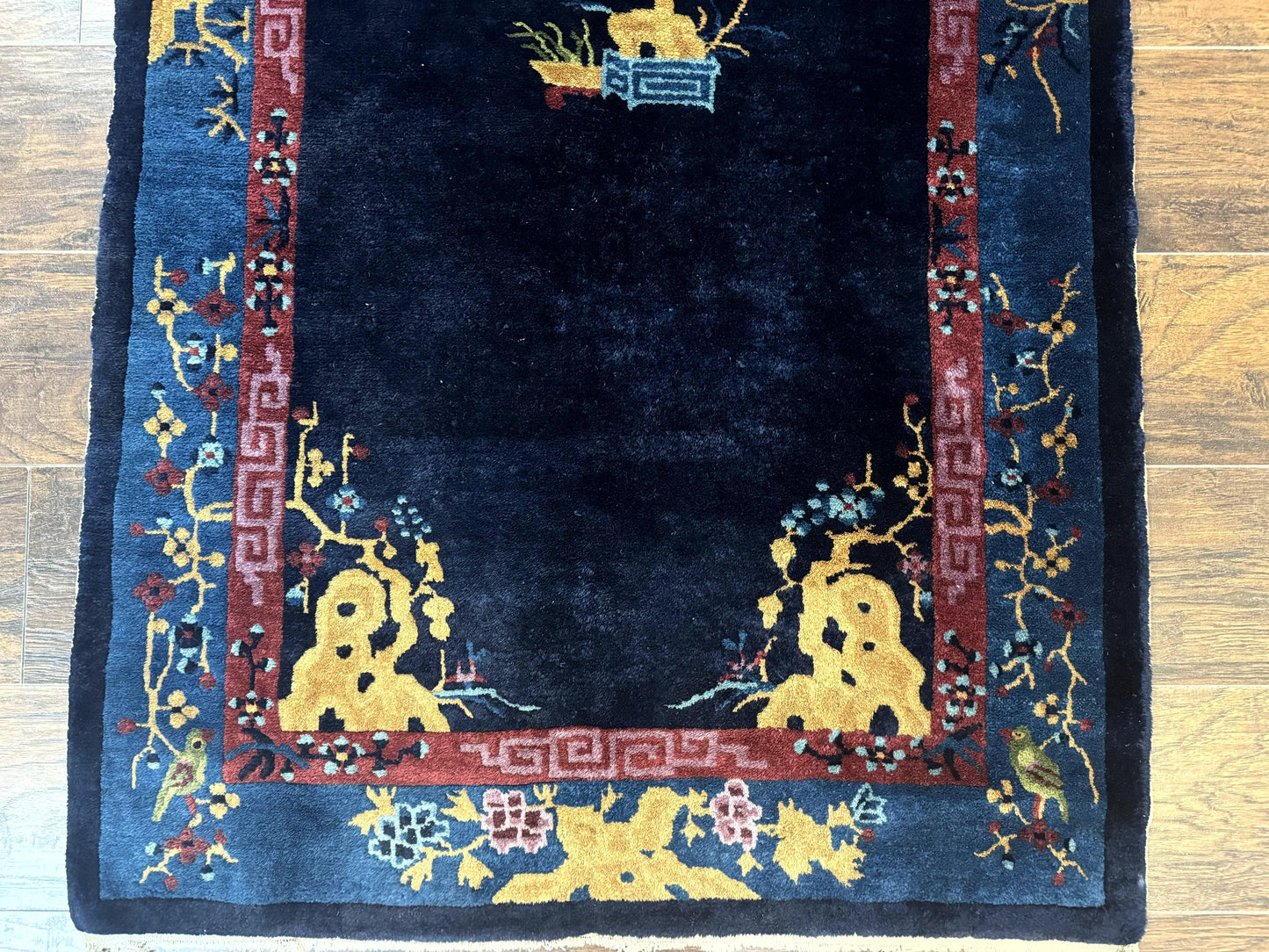 Antique Chinese Peking Rug 3x6 Handmade Wool Bird Motif Dark Blue Oriental Carpet